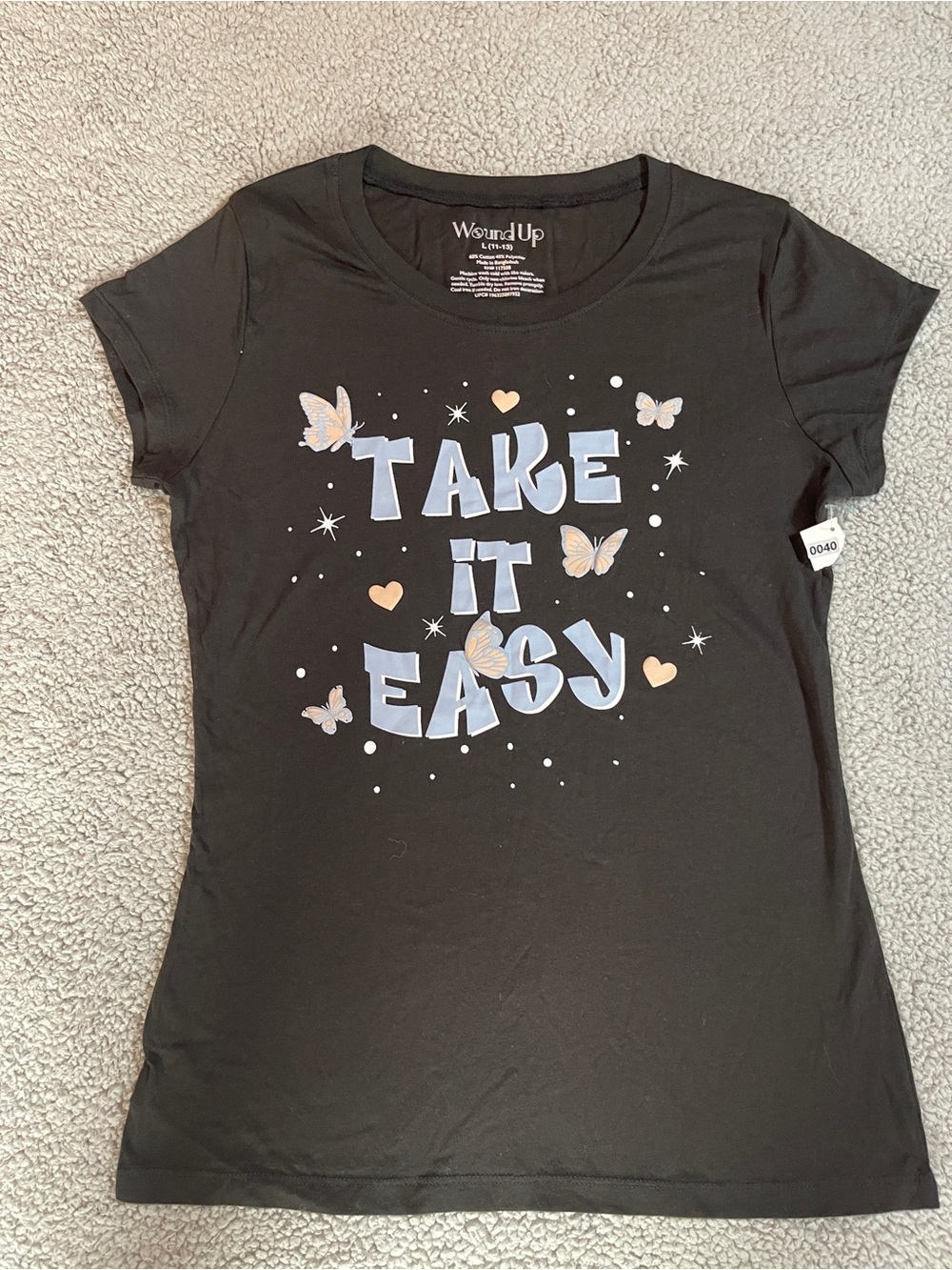 Wound Up Black 'Take It Easy' Graphic Tee with Blue Lettering & Peach Accents